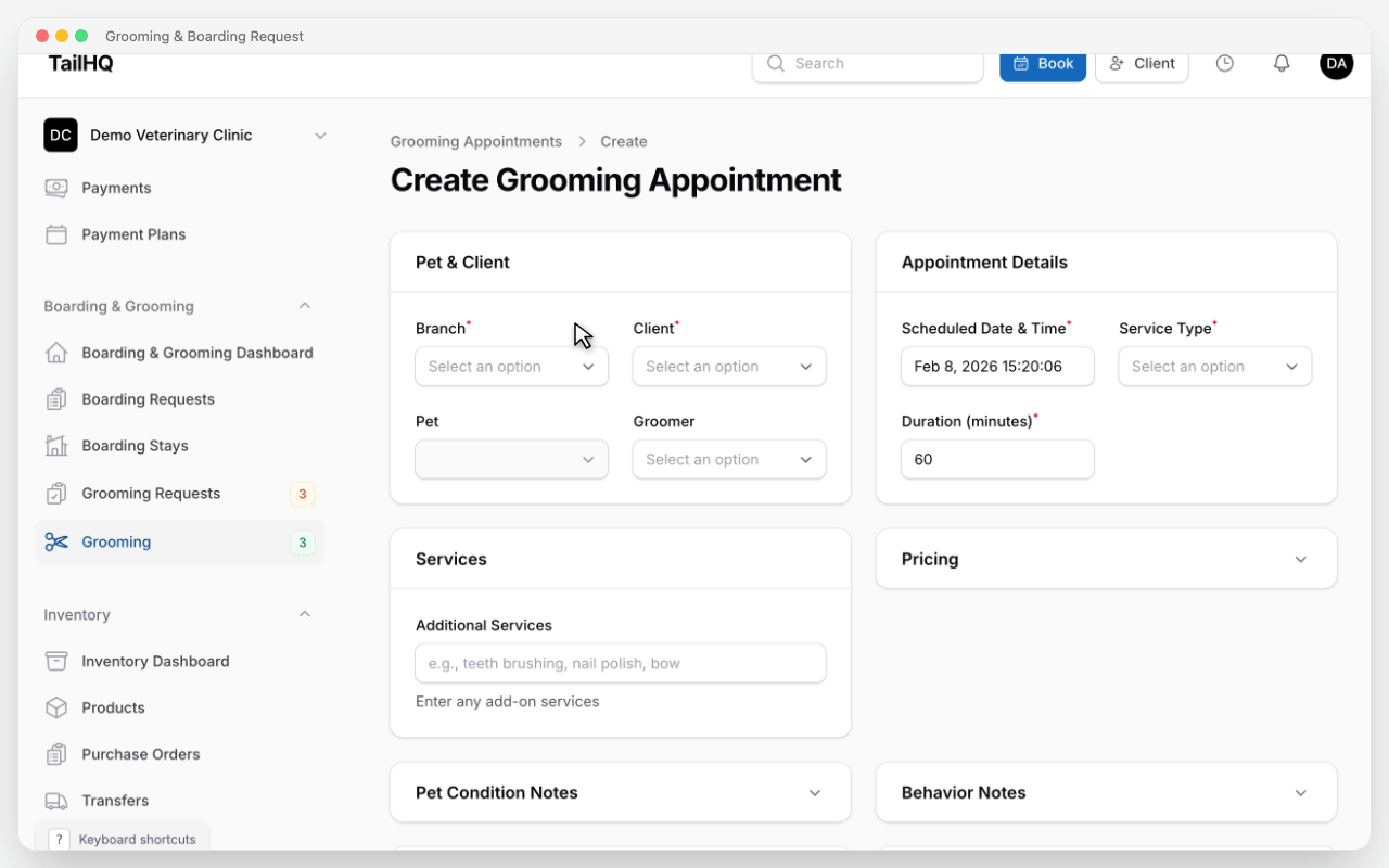Grooming and boarding request