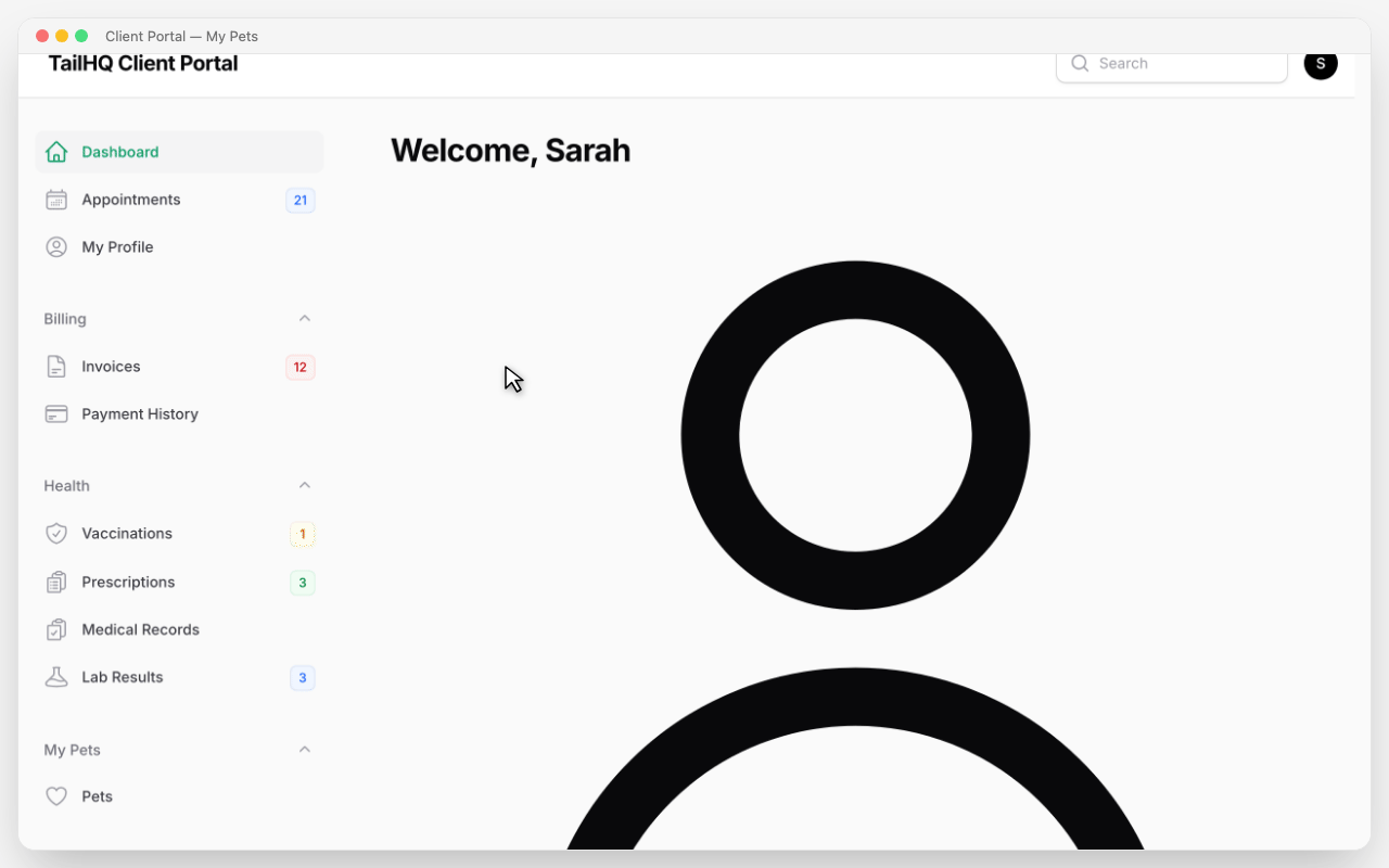 Client portal with pet management